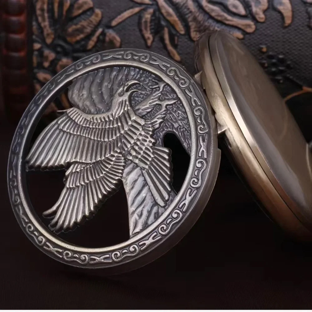 Eagle Wings Retro Nostalgic Hollow Necklace Pocket Watch,Antique Bronze